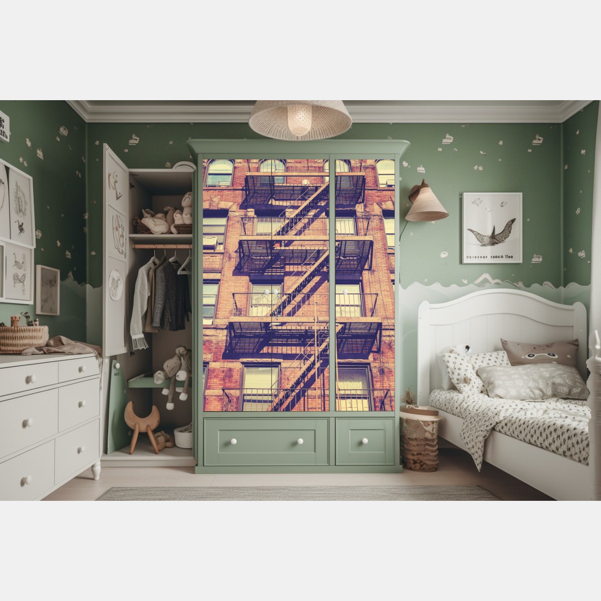 Naklejka na szafę vintage drabiny pożarowe z Nowego Jorku – Wallissimo® Naklejka na szafę vintage drabiny pożarowe z Nowego Jorku – Wallissimo®