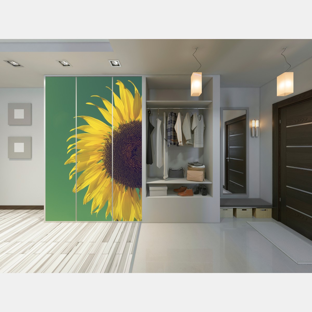 Naklejka na szafę promienny słonecznik na retro niebie – Wallissimo® Naklejka na szafę promienny słonecznik na retro niebie – Wallissimo®