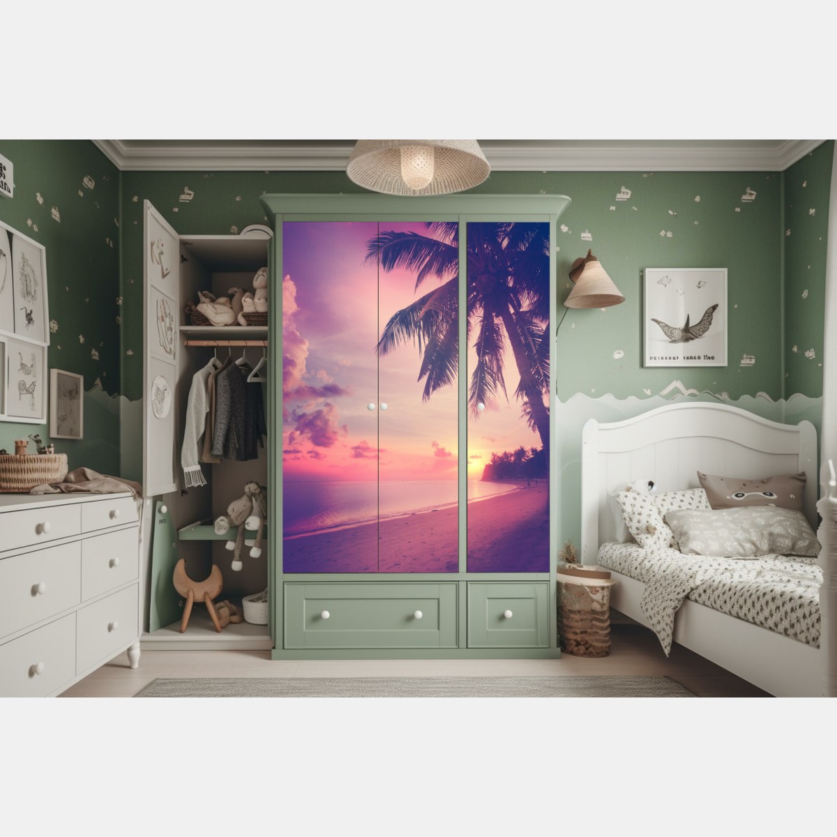 Naklejka na szafę tropikalny zachód słońca na plaży – Wallissimo® Naklejka na szafę tropikalny zachód słońca na plaży – Wallissimo®