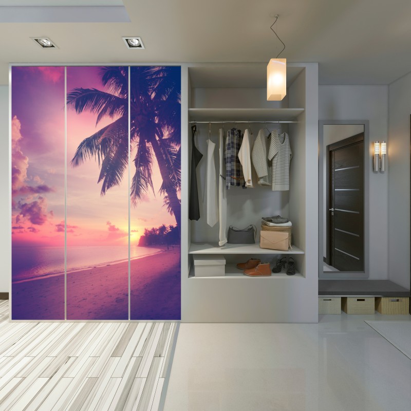 Naklejka na szafę tropikalny zachód słońca na plaży – Wallissimo® Naklejka na szafę tropikalny zachód słońca na plaży – Wallissimo®
