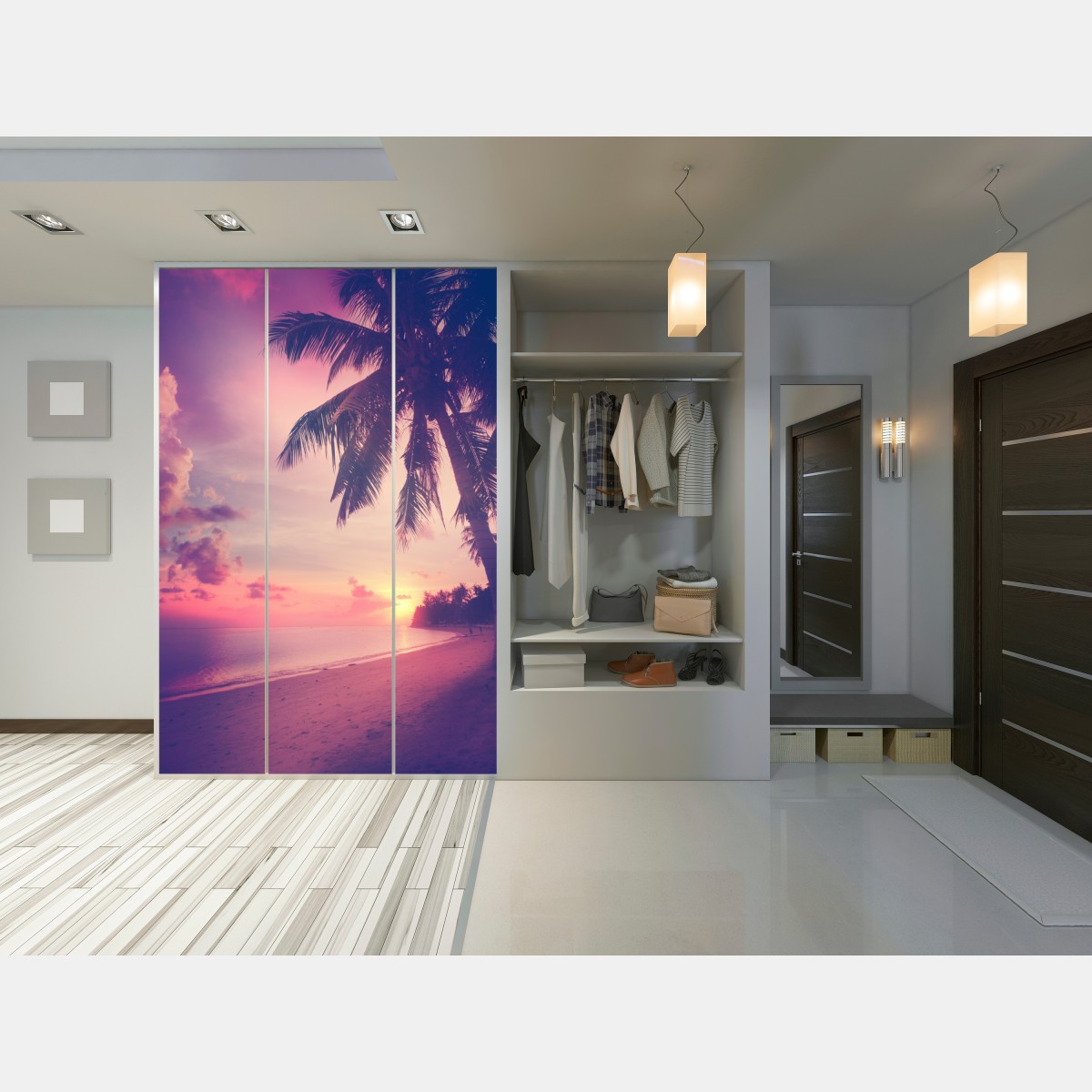 Naklejka na szafę tropikalny zachód słońca na plaży – Wallissimo® Naklejka na szafę tropikalny zachód słońca na plaży – Wallissimo®