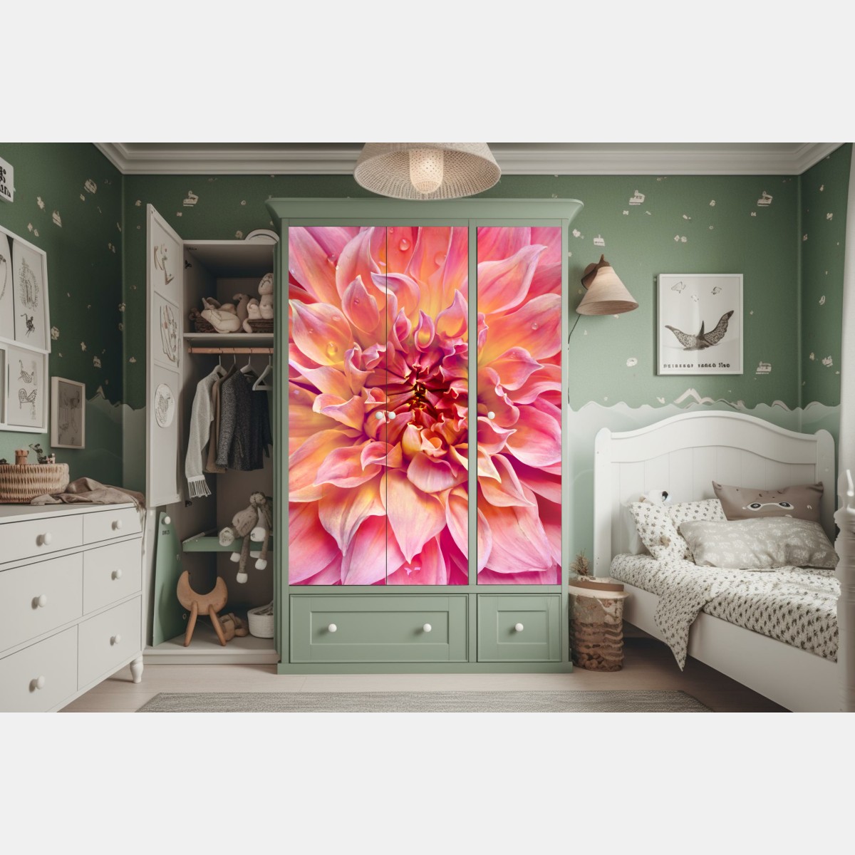 Naklejka na szafę różowa dalia w zbliżeniu – Wallissimo® Naklejka na szafę różowa dalia w zbliżeniu – Wallissimo®