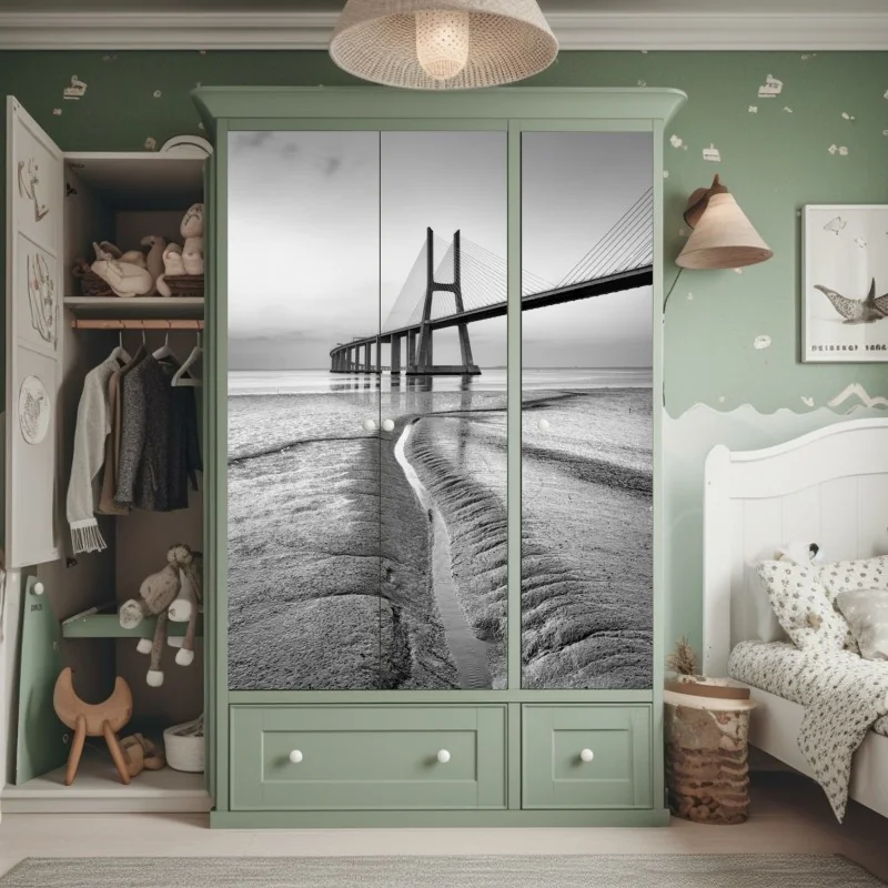 Naklejka na szafę minimalistyczny most wantowy w monochromie – Wallissimo® Naklejka na szafę minimalistyczny most wantowy w monochromie – Wallissimo®