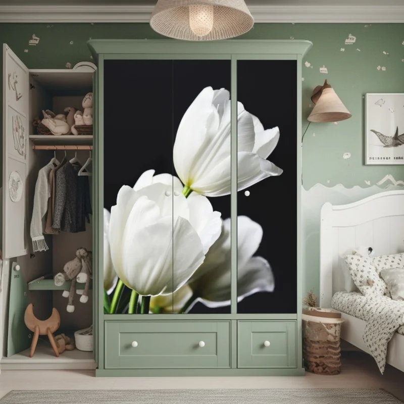 Naklejka na szafę biały bukiet tulipanów na ciemnym tle – Wallissimo® Naklejka na szafę biały bukiet tulipanów na ciemnym tle – Wallissimo®