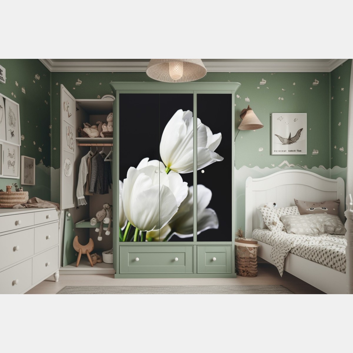 Naklejka na szafę biały bukiet tulipanów na ciemnym tle – Wallissimo® Naklejka na szafę biały bukiet tulipanów na ciemnym tle – Wallissimo®