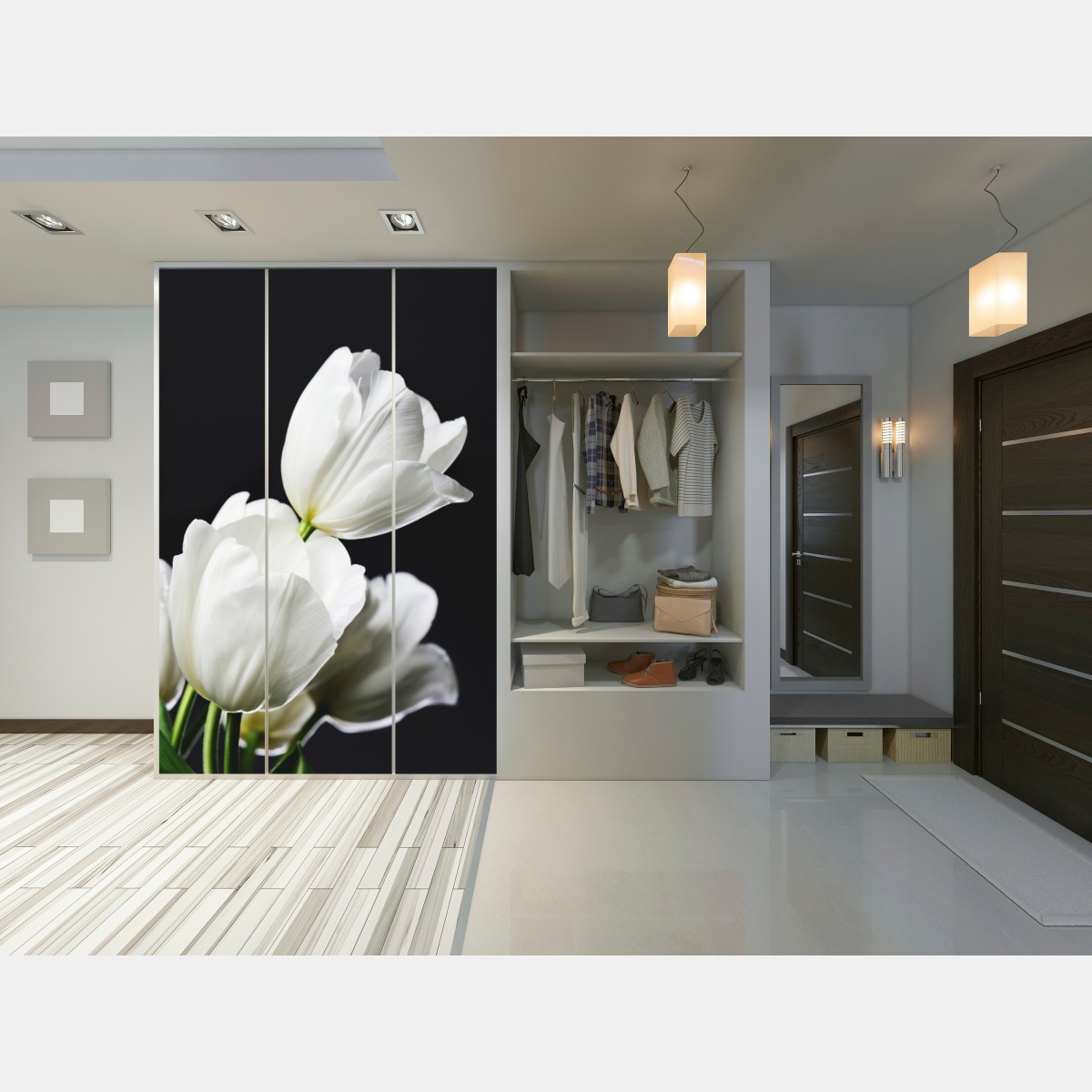 Naklejka na szafę biały bukiet tulipanów na ciemnym tle – Wallissimo® Naklejka na szafę biały bukiet tulipanów na ciemnym tle – Wallissimo®