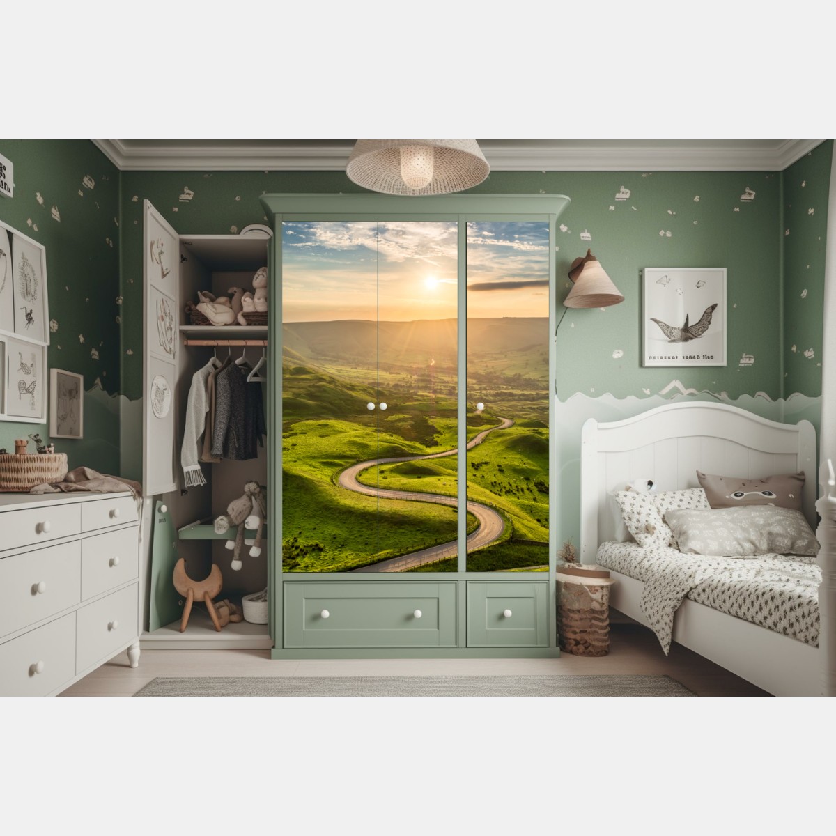 Naklejka na szafę złoty zachód słońca nad krętą wiejską drogą – Wallissimo® Naklejka na szafę złoty zachód słońca nad krętą wiejską drogą – Wallissimo®