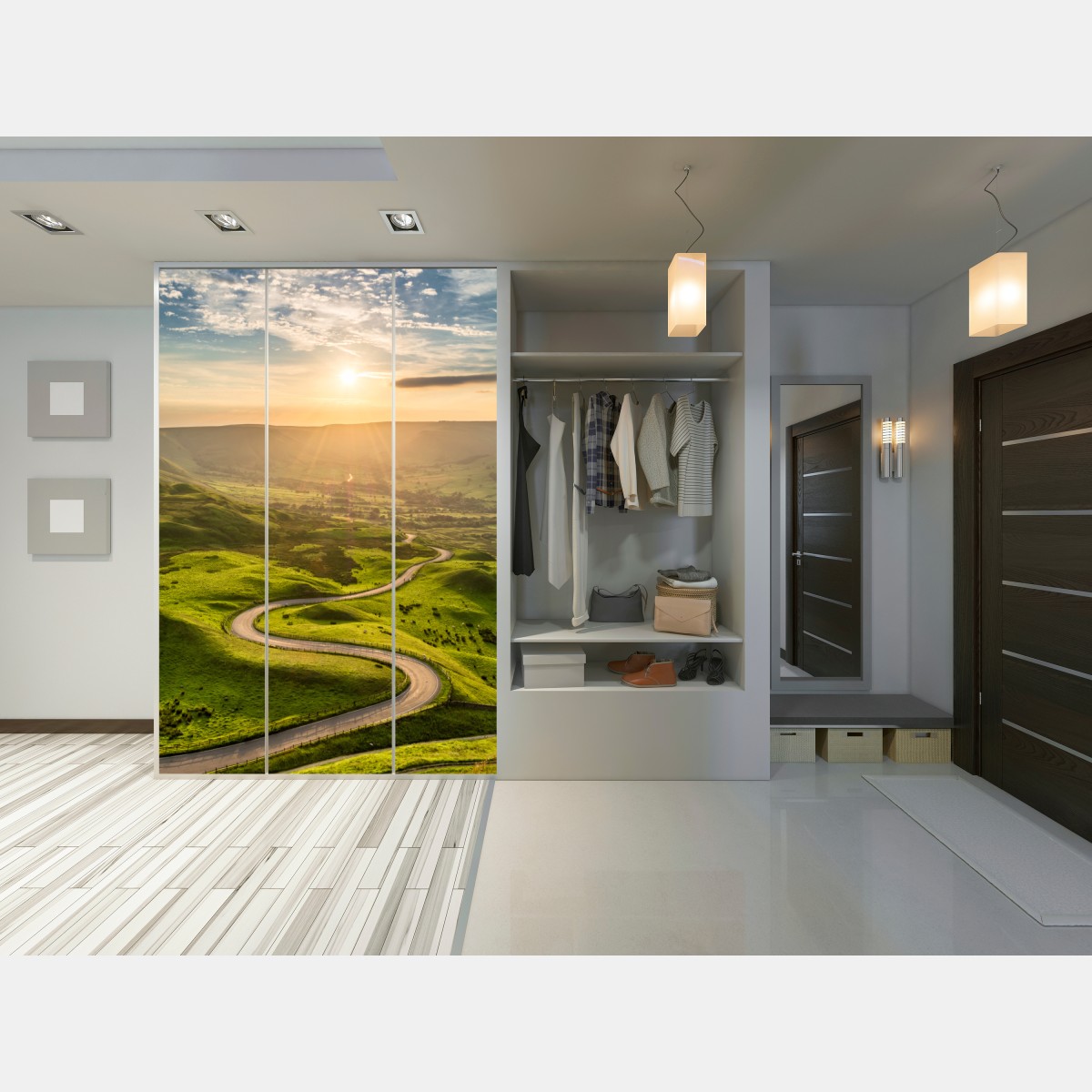 Naklejka na szafę złoty zachód słońca nad krętą wiejską drogą – Wallissimo® Naklejka na szafę złoty zachód słońca nad krętą wiejską drogą – Wallissimo®