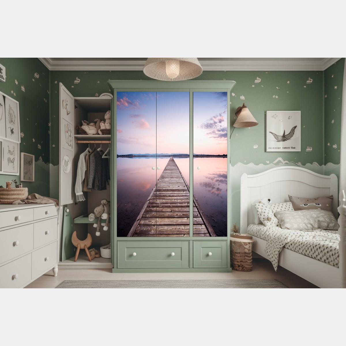 Naklejka na szafę pomost prowadzący w stronę horyzontu o zachodzie słońca – Wallissimo® Naklejka na szafę pomost prowadzący w stronę horyzontu o zachodzie słońca – Wallissimo®