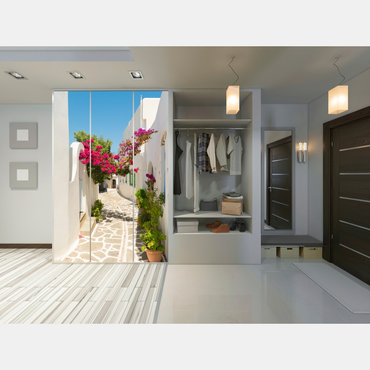 Naklejka na szafę słoneczna śródziemnomorska uliczka z bugenwillą – Wallissimo® Naklejka na szafę słoneczna śródziemnomorska uliczka z bugenwillą – Wallissimo®