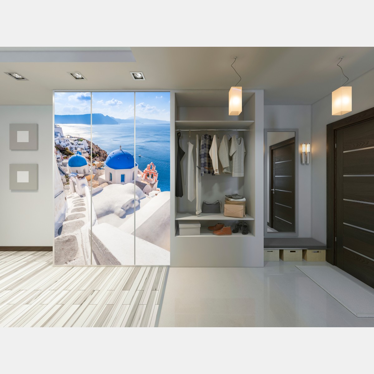 Naklejka na szafę słoneczne Santorini niebieskie kopuły i widok na morze – Wallissimo® Naklejka na szafę słoneczne Santorini niebieskie kopuły i widok na morze – Wallissimo®