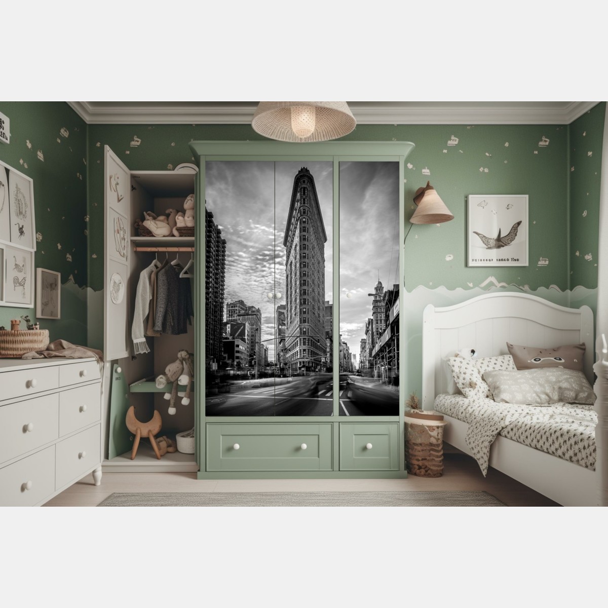 Naklejka na szafę Flatiron, Nowy Jork — architektura w monochromie – Wallissimo® Naklejka na szafę Flatiron, Nowy Jork — architektura w monochromie – Wallissimo®