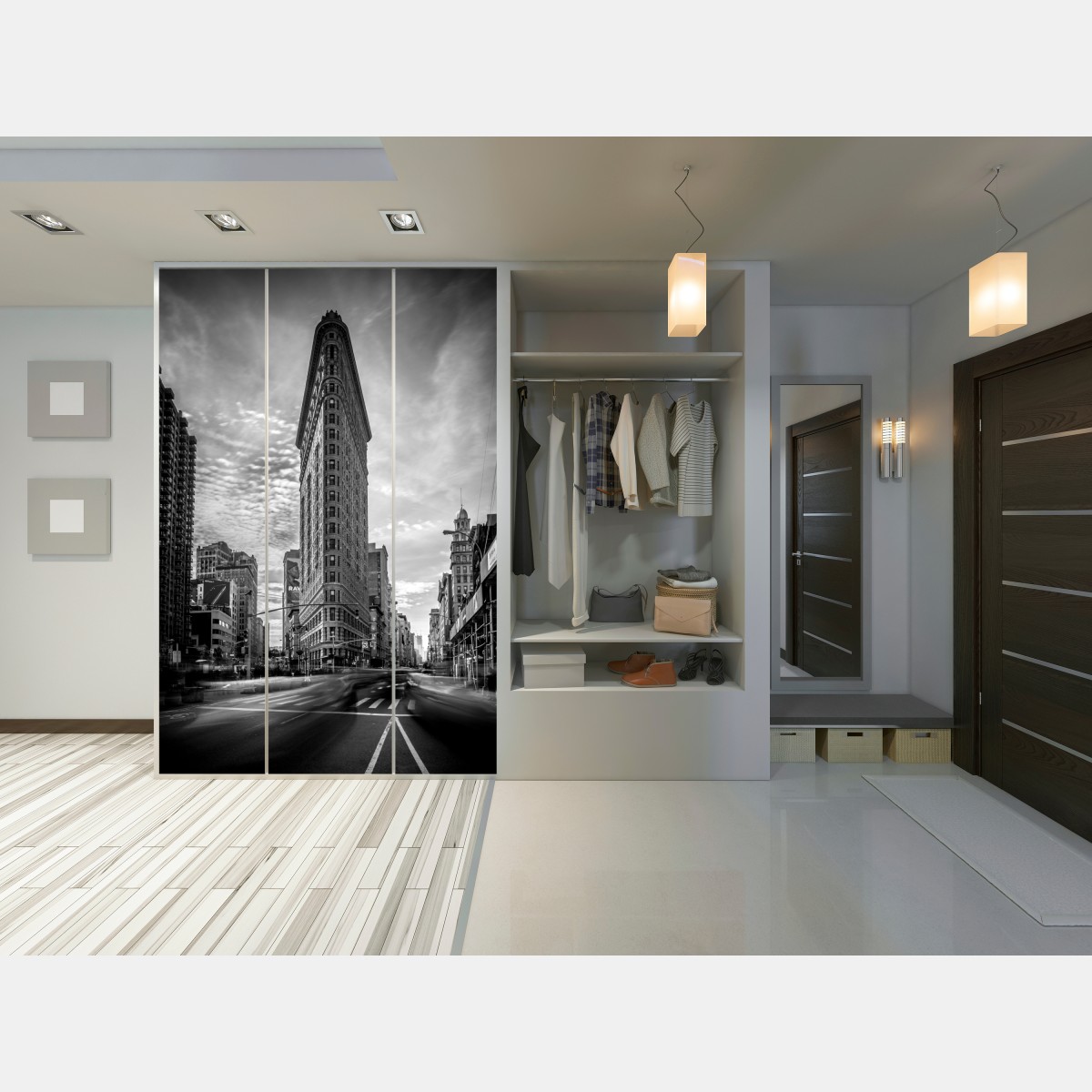 Naklejka na szafę Flatiron, Nowy Jork — architektura w monochromie – Wallissimo® Naklejka na szafę Flatiron, Nowy Jork — architektura w monochromie – Wallissimo®