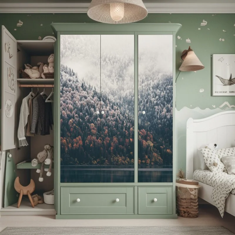 Naklejka na szafę jesienna mgła nad górskim lasem – Wallissimo® Naklejka na szafę jesienna mgła nad górskim lasem – Wallissimo®