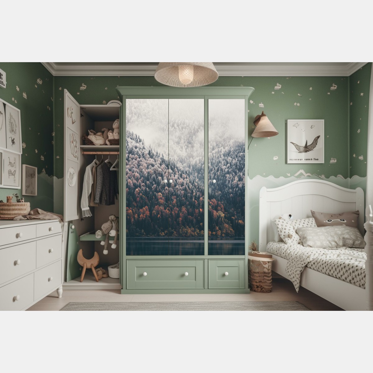 Naklejka na szafę jesienna mgła nad górskim lasem – Wallissimo® Naklejka na szafę jesienna mgła nad górskim lasem – Wallissimo®