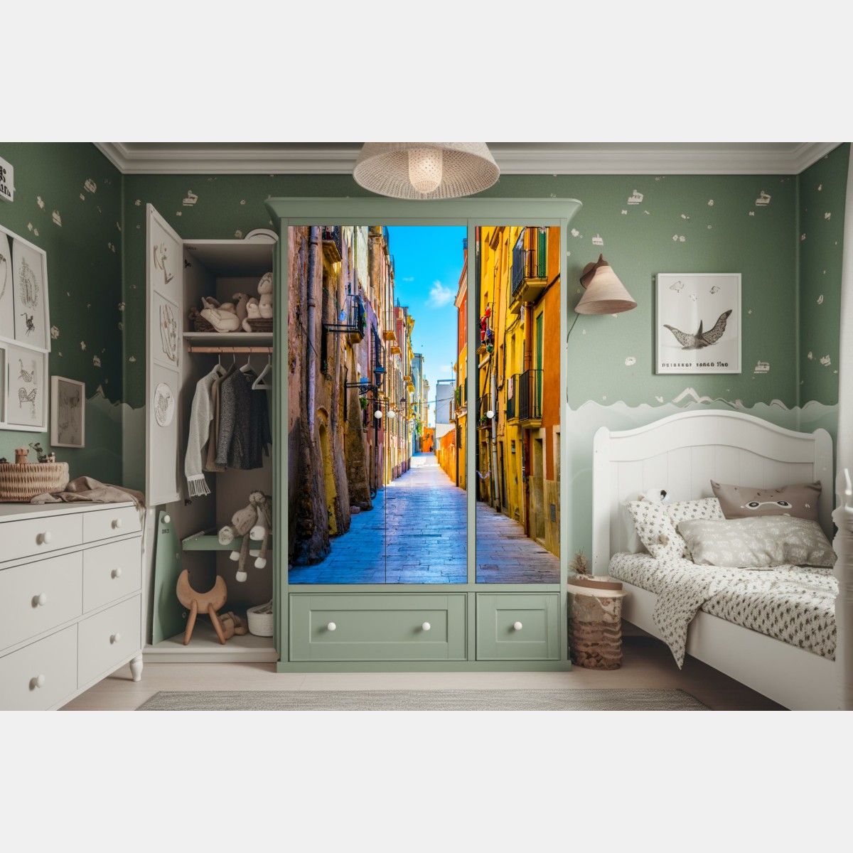 Naklejka na szafę słoneczna Śródziemnomorska uliczka z kolorowymi fasadami – Wallissimo® Naklejka na szafę słoneczna Śródziemnomorska uliczka z kolorowymi fasadami – Wallissimo®