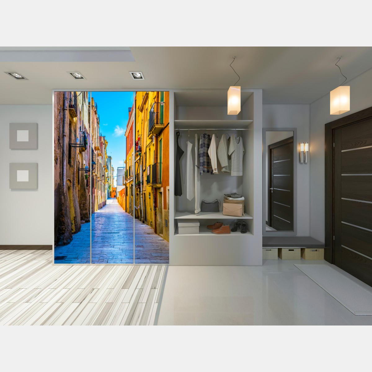 Naklejka na szafę słoneczna Śródziemnomorska uliczka z kolorowymi fasadami – Wallissimo® Naklejka na szafę słoneczna Śródziemnomorska uliczka z kolorowymi fasadami – Wallissimo®