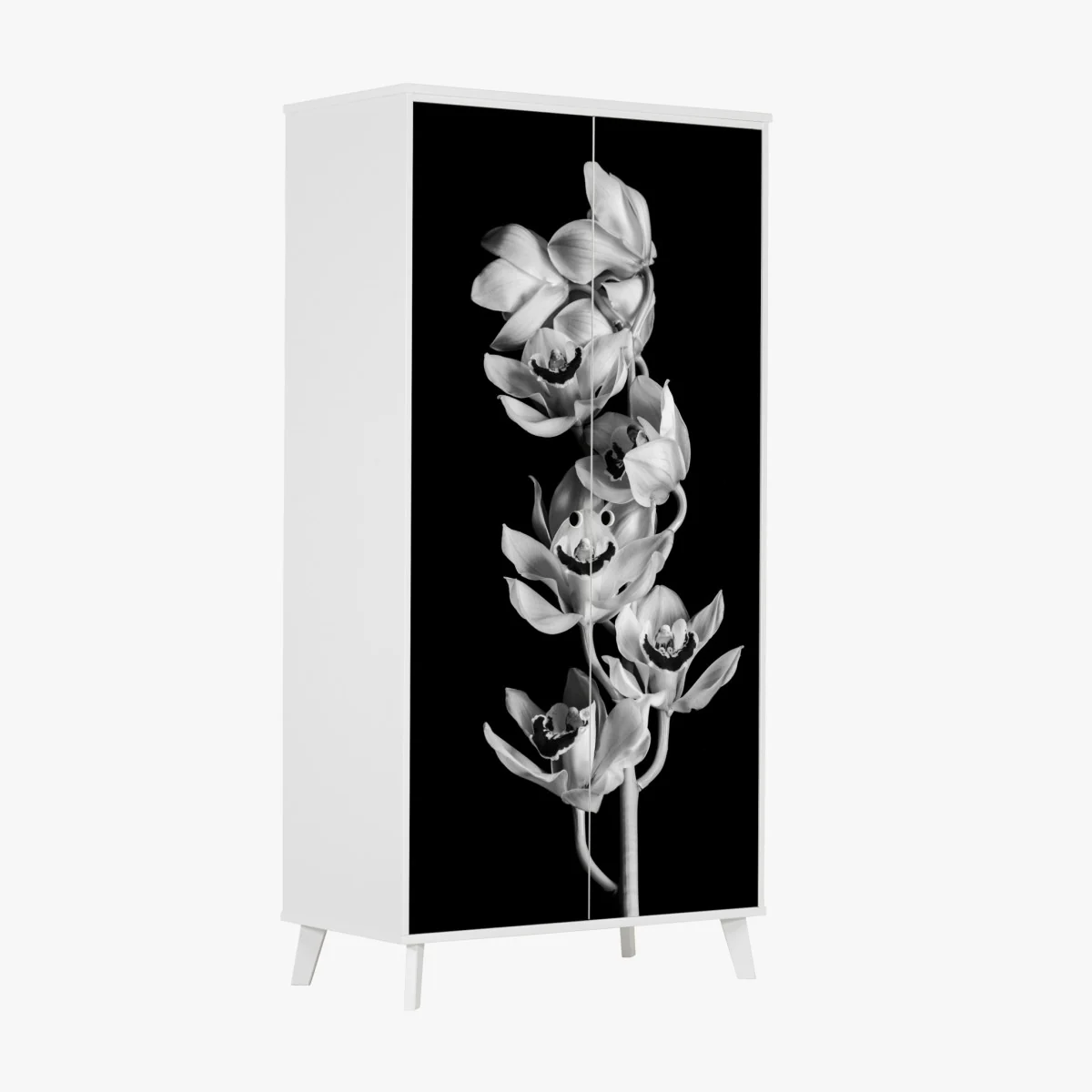 Naklejka na szafę elegancka monochromatyczna gałąź orchidei – Wallissimo® Naklejka na szafę elegancka monochromatyczna gałąź orchidei – Wallissimo®