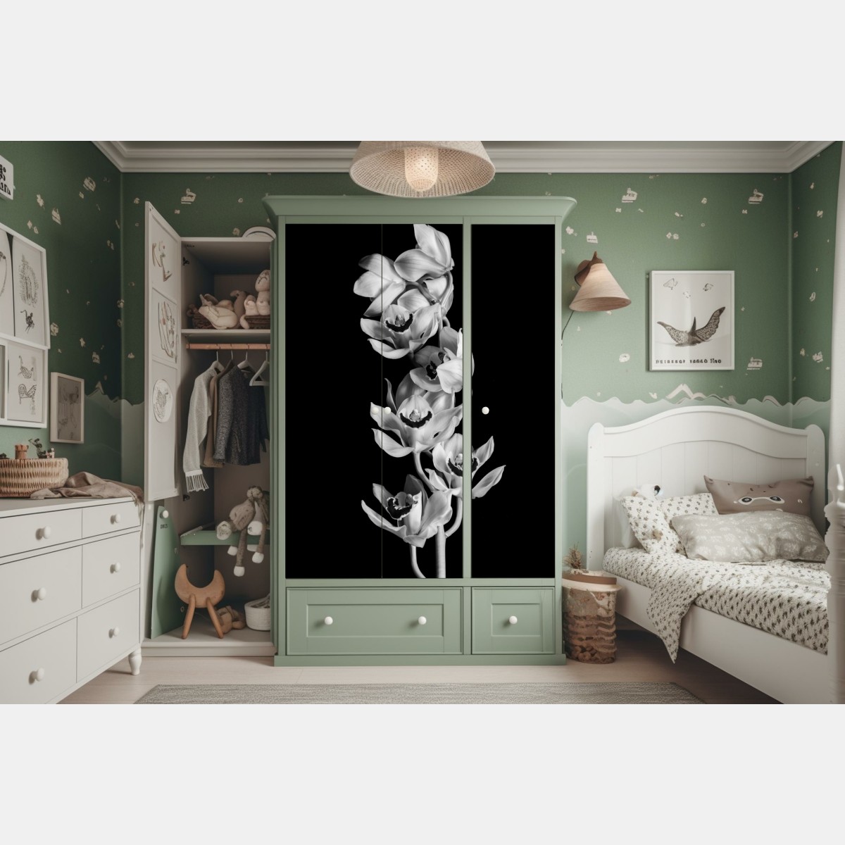 Naklejka na szafę elegancka monochromatyczna gałąź orchidei – Wallissimo® Naklejka na szafę elegancka monochromatyczna gałąź orchidei – Wallissimo®