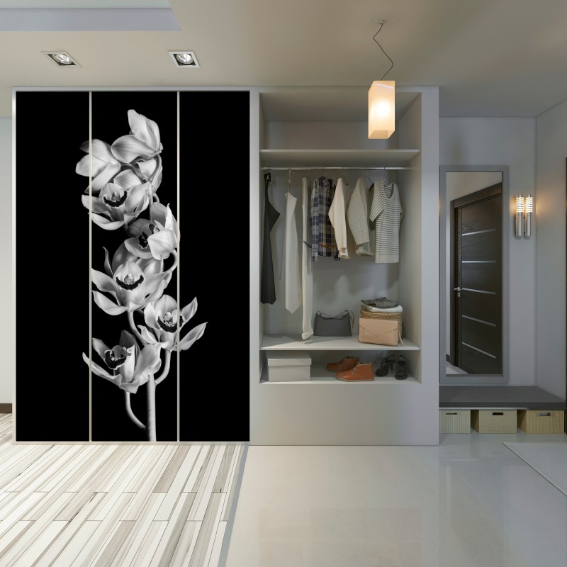 Naklejka na szafę elegancka monochromatyczna gałąź orchidei – Wallissimo® Naklejka na szafę elegancka monochromatyczna gałąź orchidei – Wallissimo®