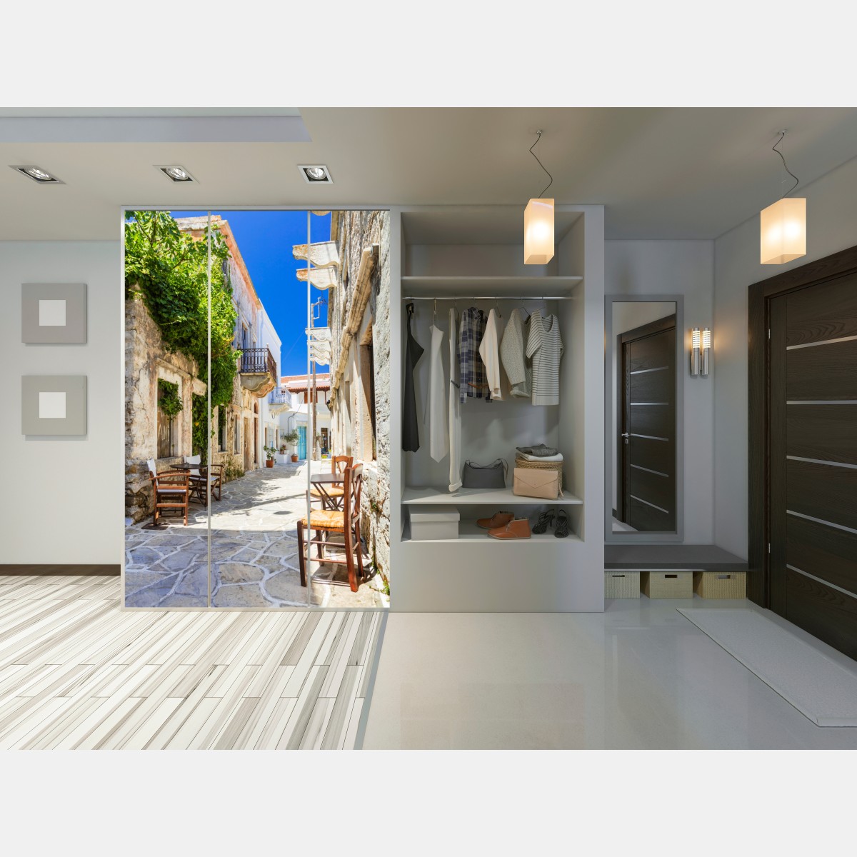 Naklejka na szafę słoneczna śródziemnomorska uliczka z krzesłami kawiarnianymi – Wallissimo® Naklejka na szafę słoneczna śródziemnomorska uliczka z krzesłami kawiarnianymi – Wallissimo®