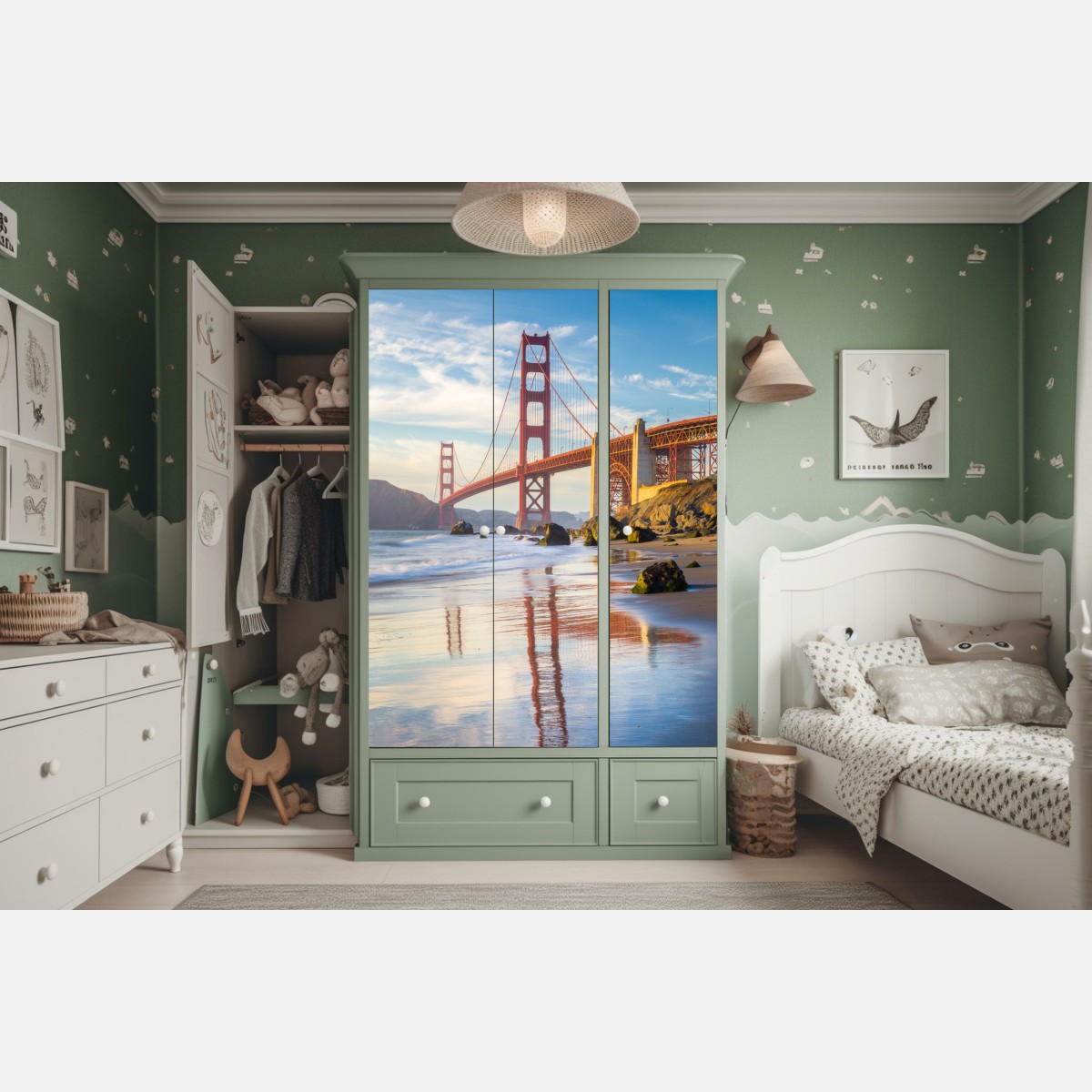 Naklejka na szafę most Golden Gate odbicie na brzegu – Wallissimo® Naklejka na szafę most Golden Gate odbicie na brzegu – Wallissimo®