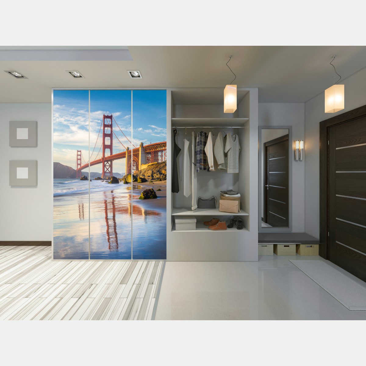 Naklejka na szafę most Golden Gate odbicie na brzegu – Wallissimo® Naklejka na szafę most Golden Gate odbicie na brzegu – Wallissimo®