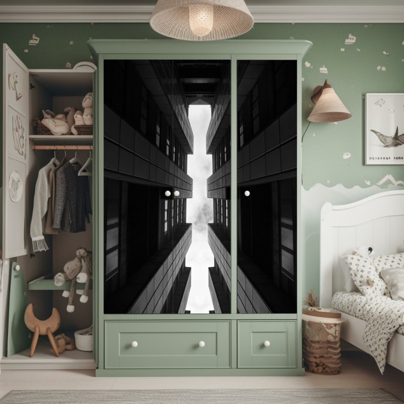 Naklejka na szafę pionowa miejska symetria w monochromie – Wallissimo® Naklejka na szafę pionowa miejska symetria w monochromie – Wallissimo®