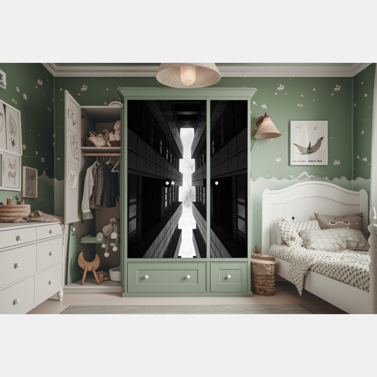 Naklejka na szafę pionowa miejska symetria w monochromie – Wallissimo® Naklejka na szafę pionowa miejska symetria w monochromie – Wallissimo®