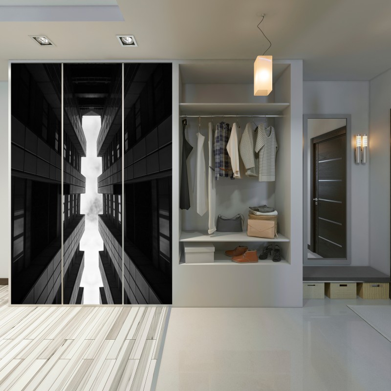 Naklejka na szafę pionowa miejska symetria w monochromie – Wallissimo® Naklejka na szafę pionowa miejska symetria w monochromie – Wallissimo®