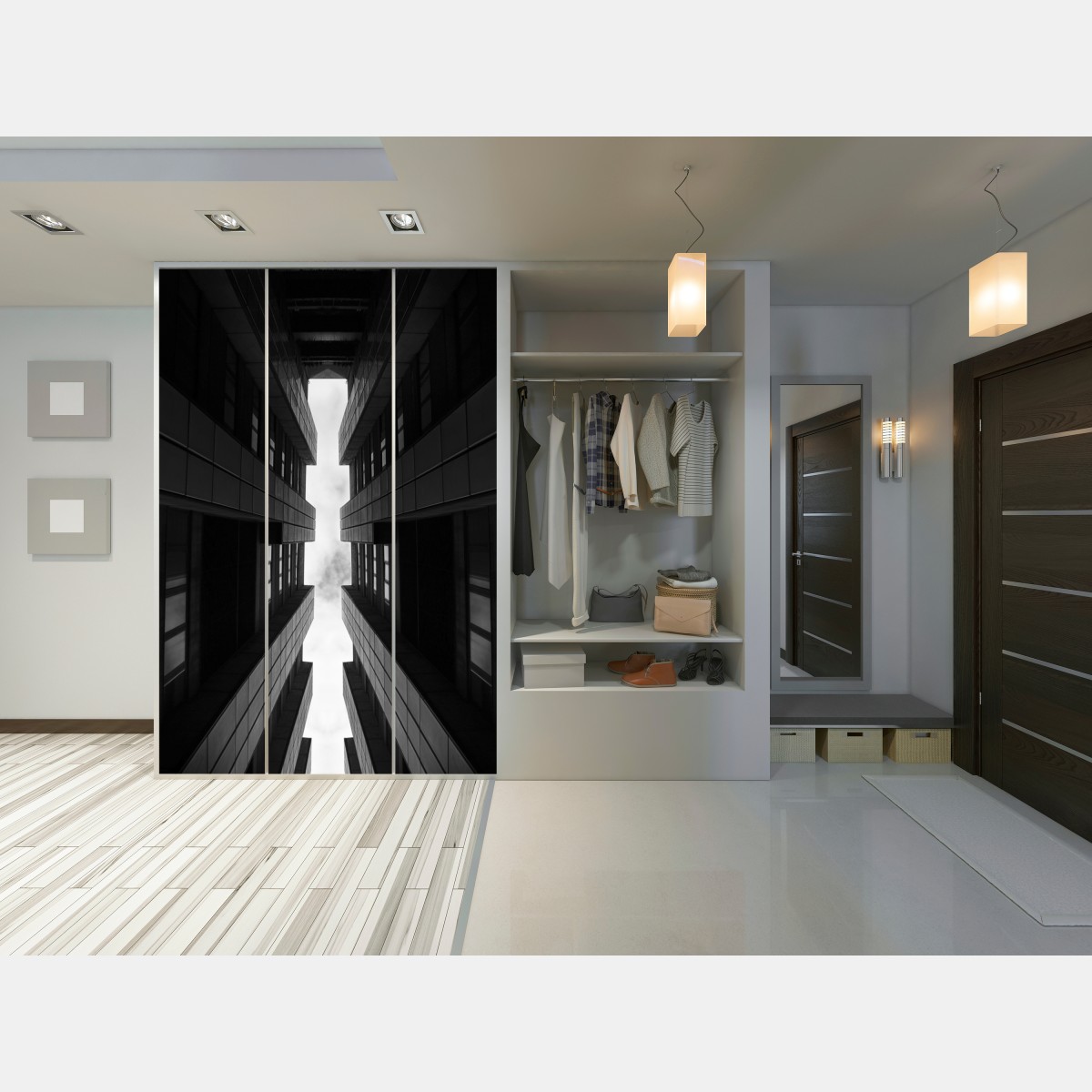 Naklejka na szafę pionowa miejska symetria w monochromie – Wallissimo® Naklejka na szafę pionowa miejska symetria w monochromie – Wallissimo®