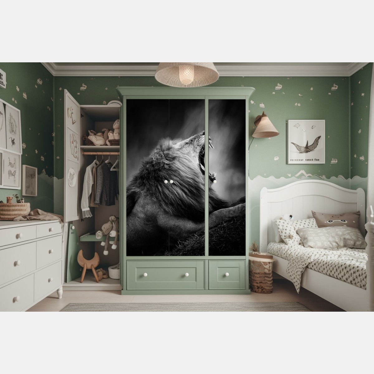 Naklejka na szafę majestatyczny ryczący lew w monochromie – Wallissimo® Naklejka na szafę majestatyczny ryczący lew w monochromie – Wallissimo®