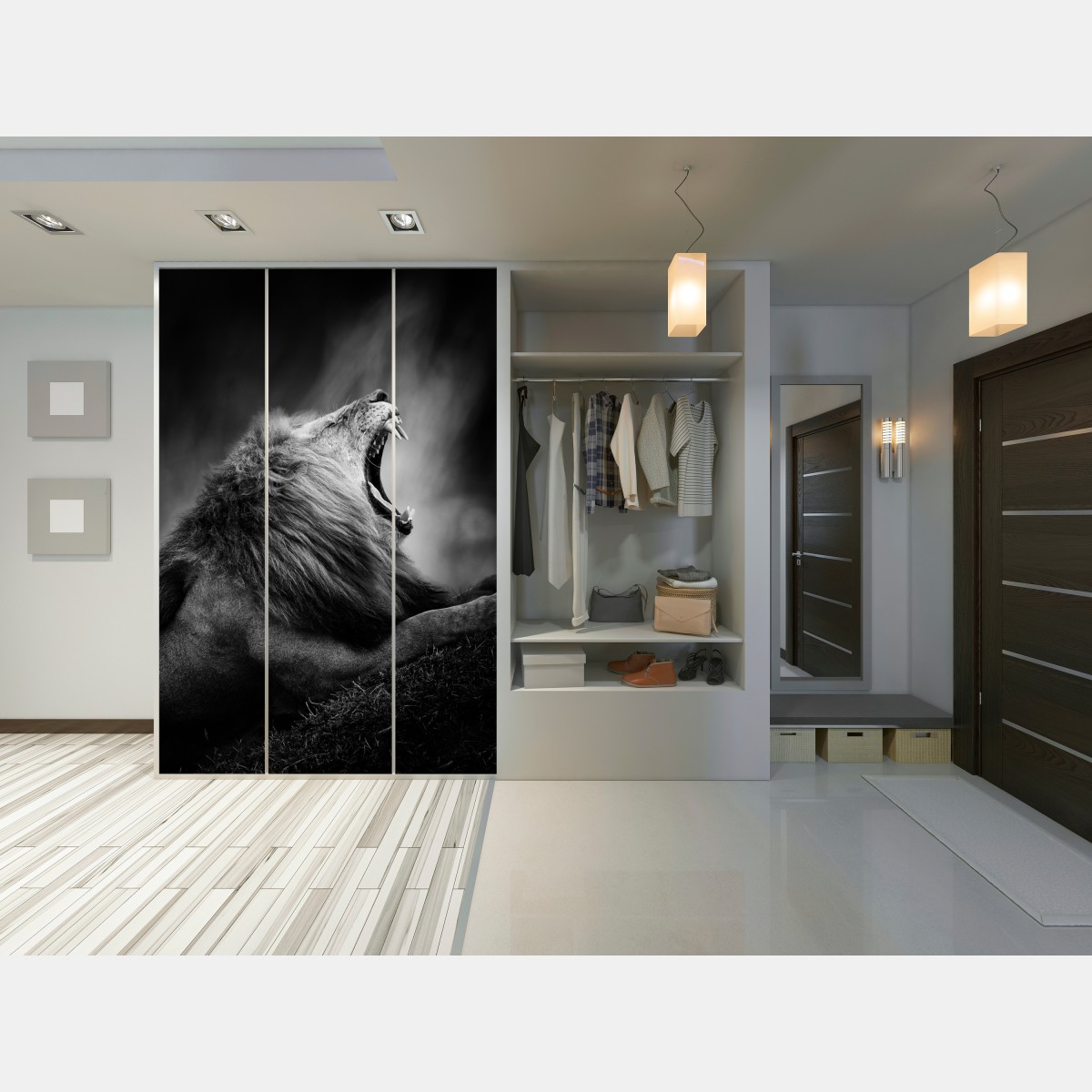 Naklejka na szafę majestatyczny ryczący lew w monochromie – Wallissimo® Naklejka na szafę majestatyczny ryczący lew w monochromie – Wallissimo®