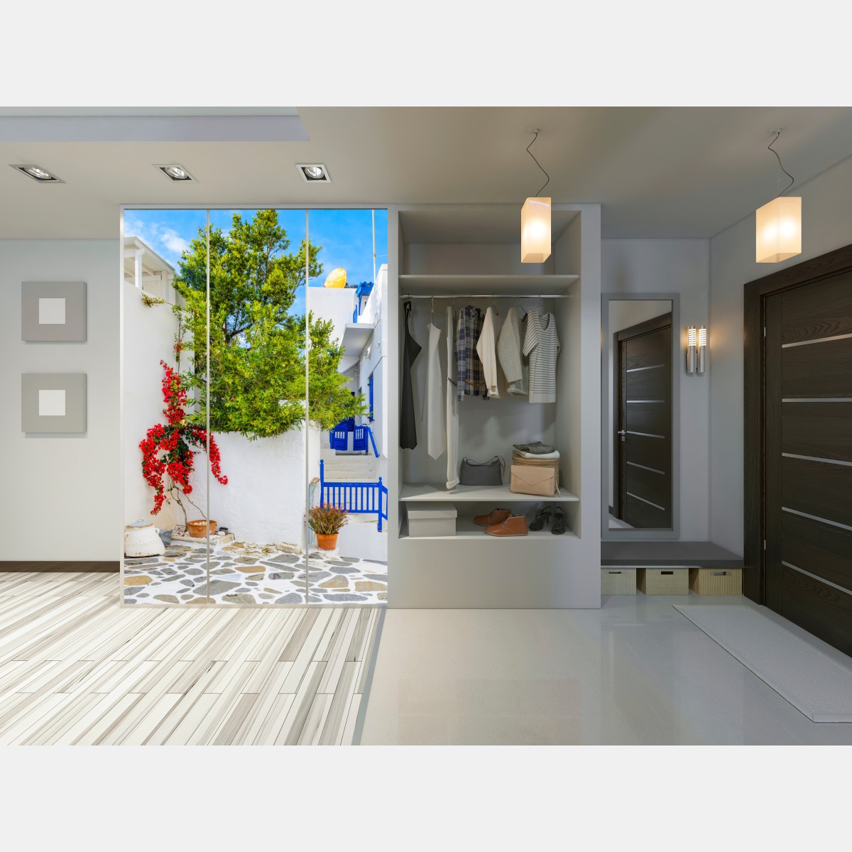 Naklejka na szafę słoneczny dziedziniec śródziemnomorski z bugenwillą – Wallissimo® Naklejka na szafę słoneczny dziedziniec śródziemnomorski z bugenwillą – Wallissimo®