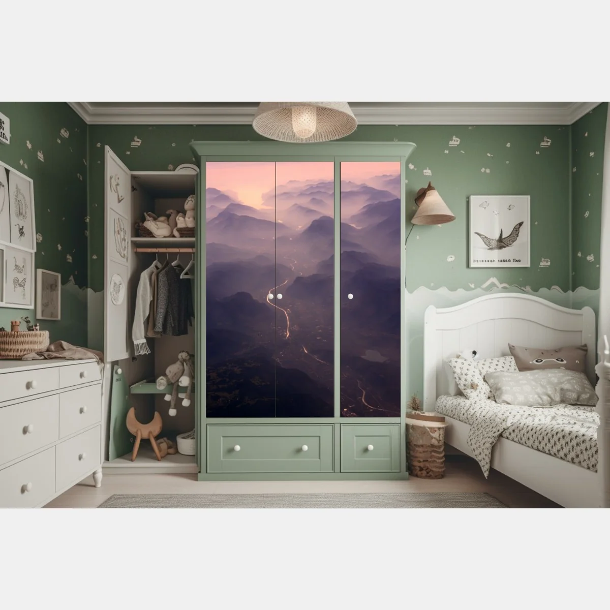 Naklejka na szafę mglista pastelowa dolina górska – Wallissimo® Naklejka na szafę mglista pastelowa dolina górska – Wallissimo®