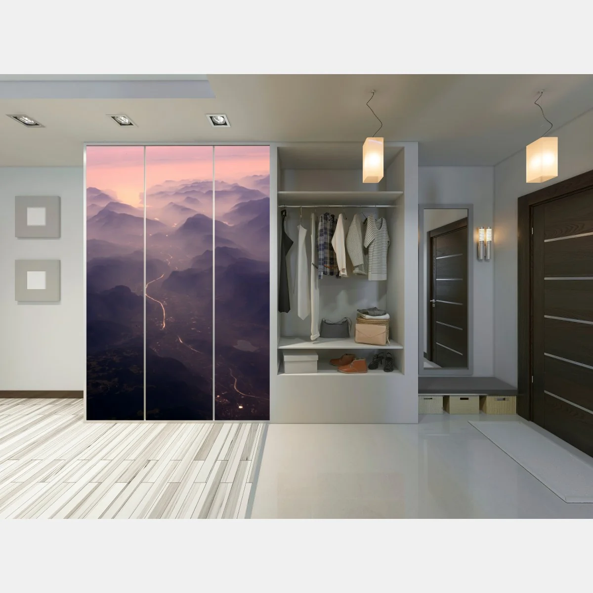 Naklejka na szafę mglista pastelowa dolina górska – Wallissimo® Naklejka na szafę mglista pastelowa dolina górska – Wallissimo®