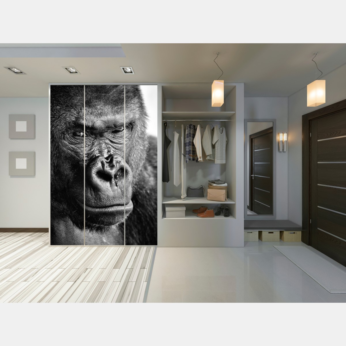 Naklejka na szafę intensywny portret goryla w czerni i bieli – Wallissimo® Naklejka na szafę intensywny portret goryla w czerni i bieli – Wallissimo®