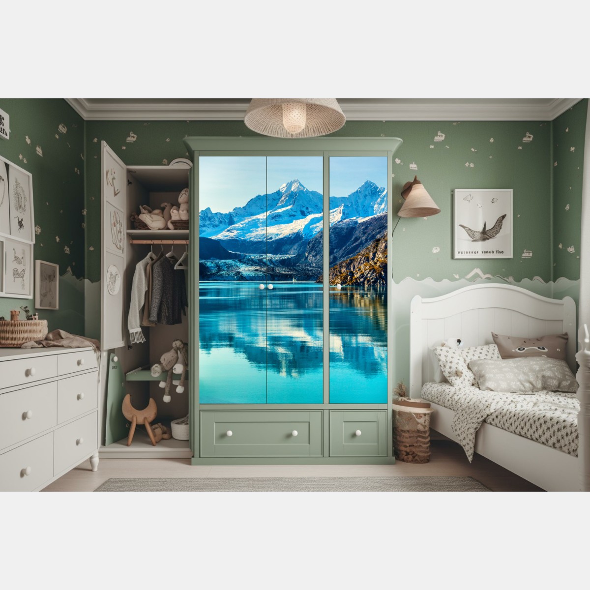 Naklejka na szafę spokojne turkusowe jezioro górskie – Wallissimo® Naklejka na szafę spokojne turkusowe jezioro górskie – Wallissimo®