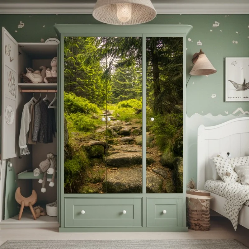 Naklejka na szafę spokojna leśna ścieżka wśród sosen – Wallissimo® Naklejka na szafę spokojna leśna ścieżka wśród sosen – Wallissimo®