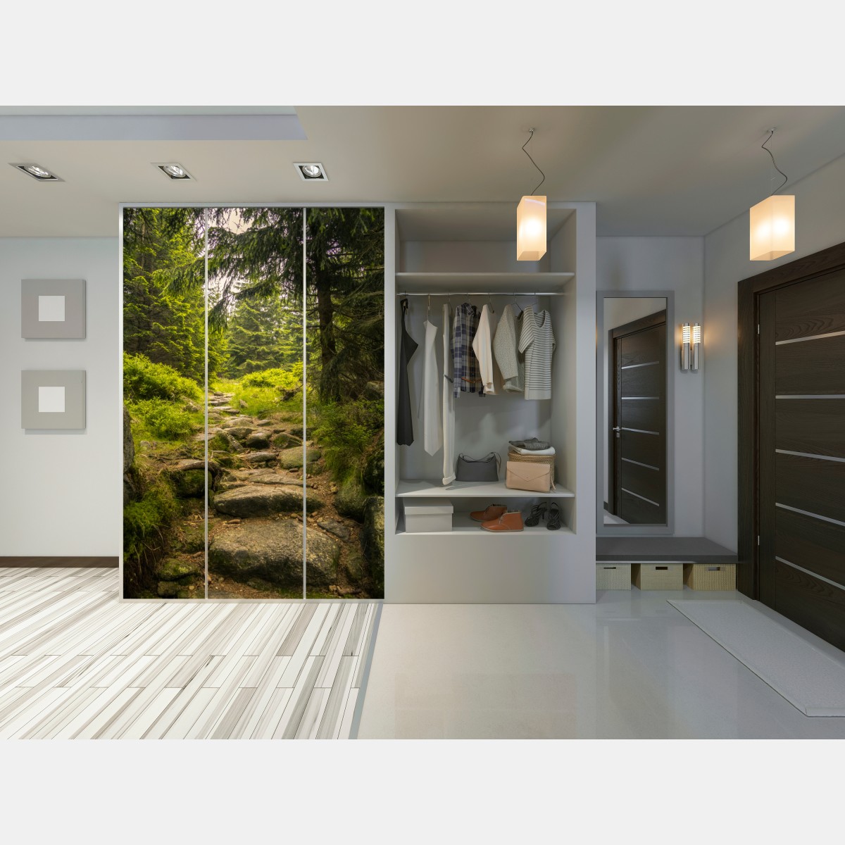 Naklejka na szafę spokojna leśna ścieżka wśród sosen – Wallissimo® Naklejka na szafę spokojna leśna ścieżka wśród sosen – Wallissimo®