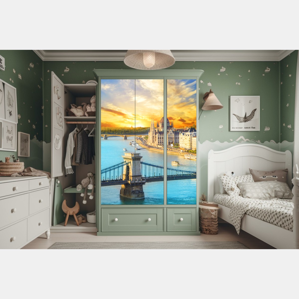 Naklejka na szafę zachód słońca nad Budapesztem i mostem łańcuchowym – Wallissimo® Naklejka na szafę zachód słońca nad Budapesztem i mostem łańcuchowym – Wallissimo®