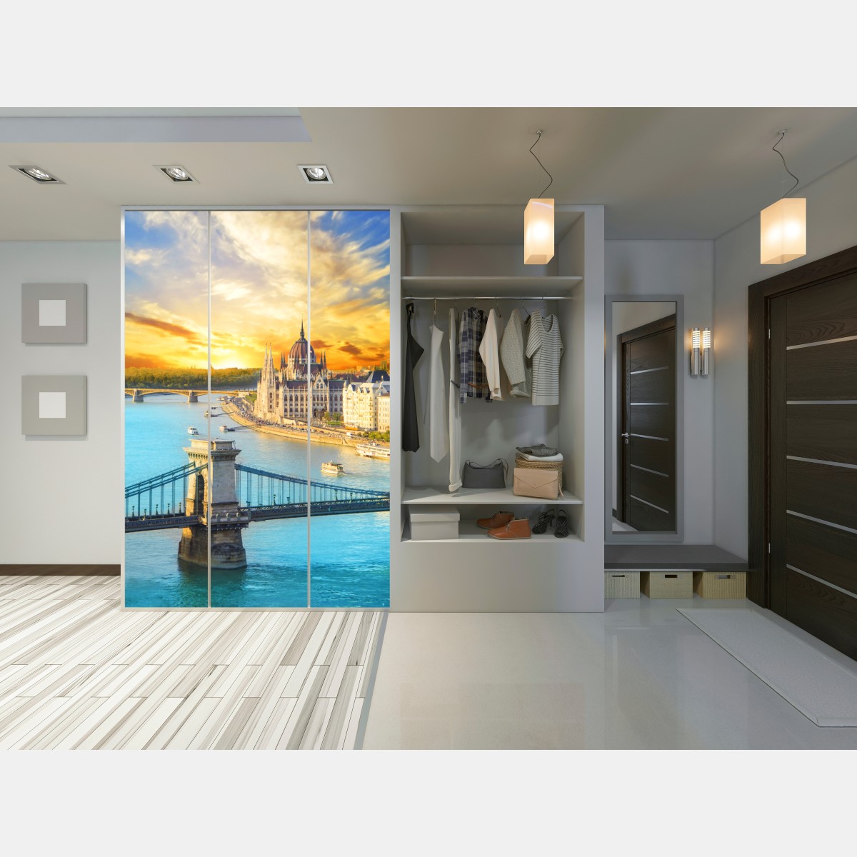 Naklejka na szafę zachód słońca nad Budapesztem i mostem łańcuchowym – Wallissimo® Naklejka na szafę zachód słońca nad Budapesztem i mostem łańcuchowym – Wallissimo®