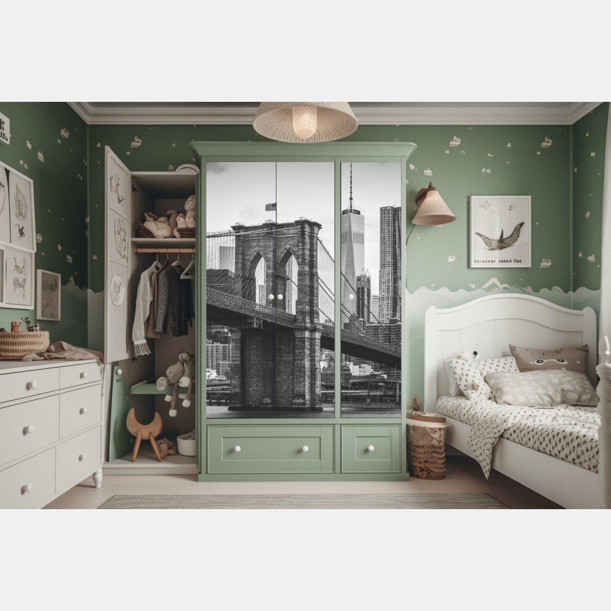 Naklejka na szafę most brooklyński w czerni i bieli – Wallissimo® Naklejka na szafę most brooklyński w czerni i bieli – Wallissimo®