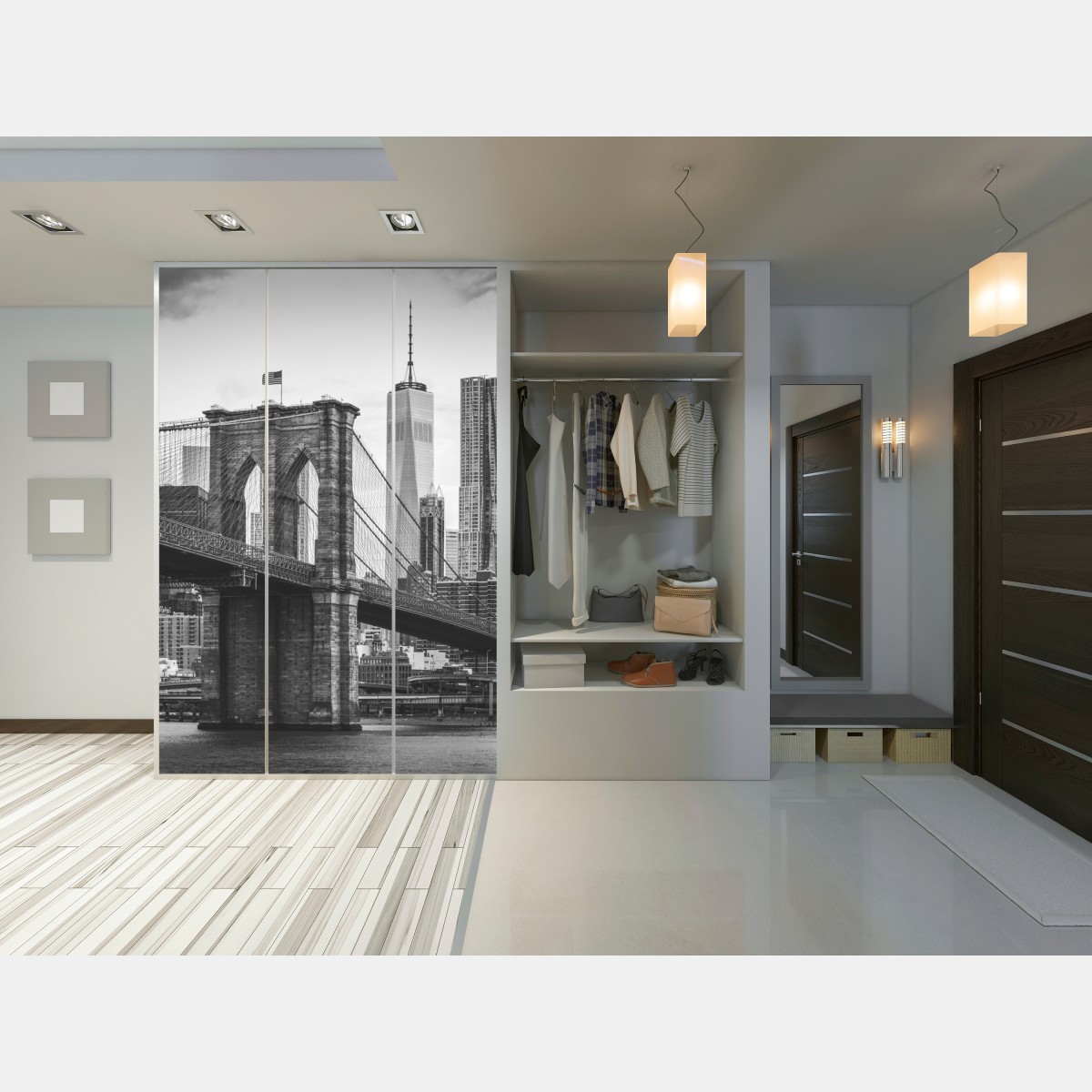 Naklejka na szafę most brooklyński w czerni i bieli – Wallissimo® Naklejka na szafę most brooklyński w czerni i bieli – Wallissimo®