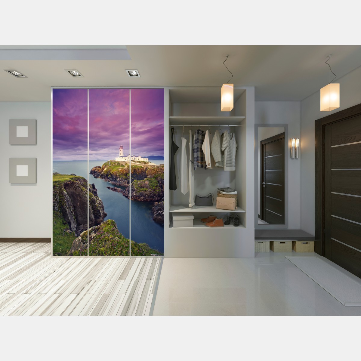 Naklejka na szafę fioletowa latarnia nad skalistym wybrzeżem – Wallissimo® Naklejka na szafę fioletowa latarnia nad skalistym wybrzeżem – Wallissimo®