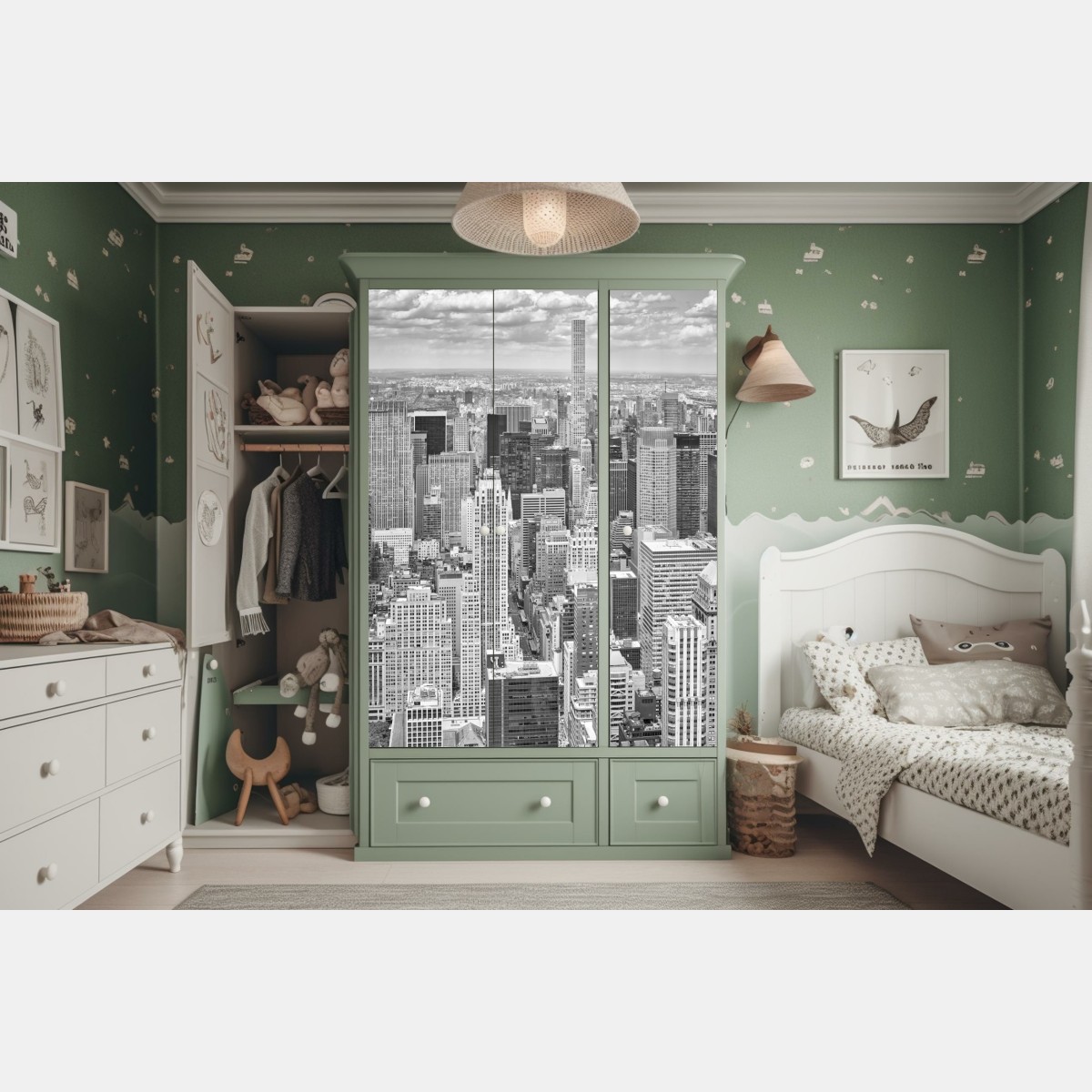 Naklejka na szafę panorama Nowego Jorku w monochromie – Wallissimo® Naklejka na szafę panorama Nowego Jorku w monochromie – Wallissimo®