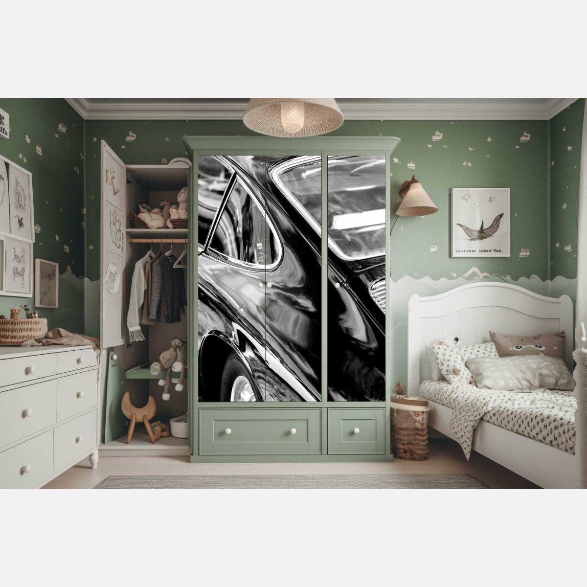 Naklejka na szafę zabytkowy tył samochodu w czerni i bieli – Wallissimo® Naklejka na szafę zabytkowy tył samochodu w czerni i bieli – Wallissimo®