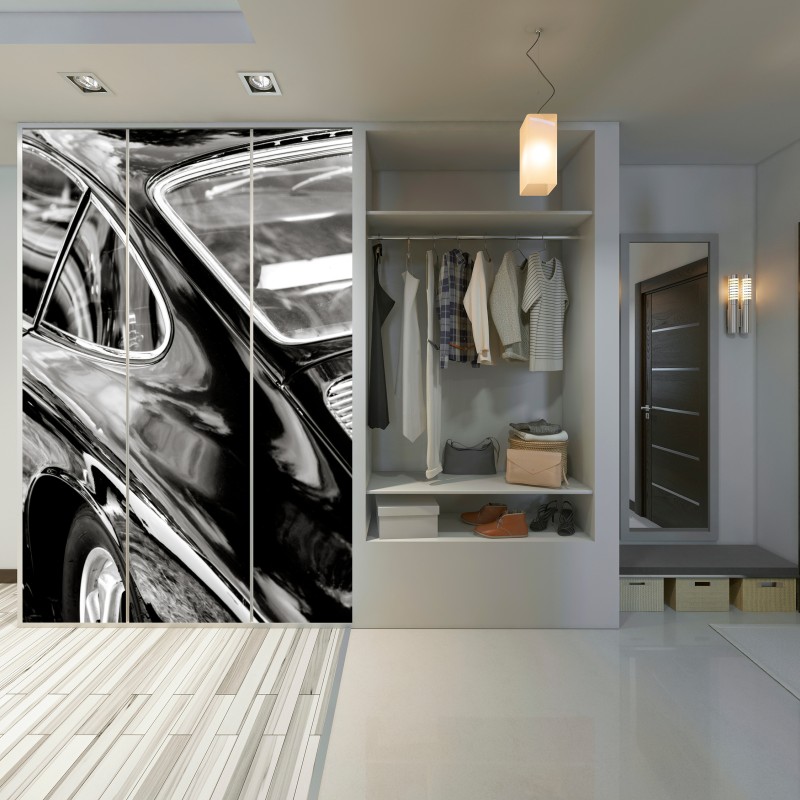 Naklejka na szafę zabytkowy tył samochodu w czerni i bieli – Wallissimo® Naklejka na szafę zabytkowy tył samochodu w czerni i bieli – Wallissimo®