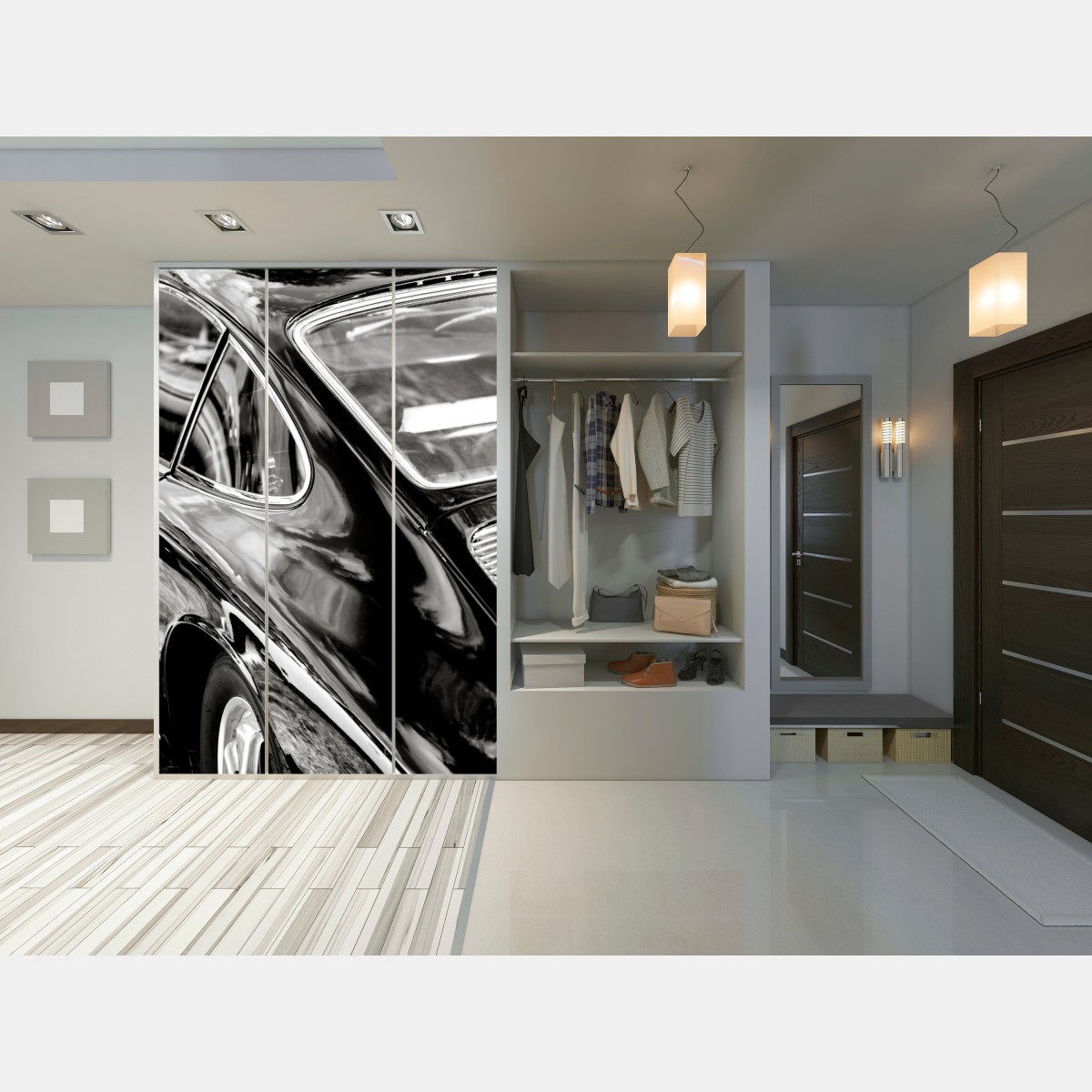 Naklejka na szafę zabytkowy tył samochodu w czerni i bieli – Wallissimo® Naklejka na szafę zabytkowy tył samochodu w czerni i bieli – Wallissimo®