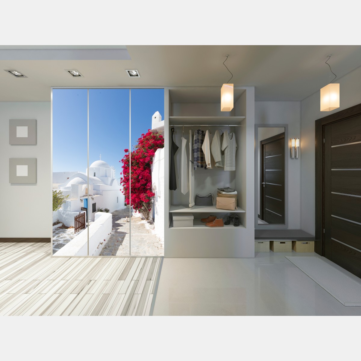 Naklejka na szafę słoneczna ulica wyspy z bujną bugenwillą – Wallissimo® Naklejka na szafę słoneczna ulica wyspy z bujną bugenwillą – Wallissimo®